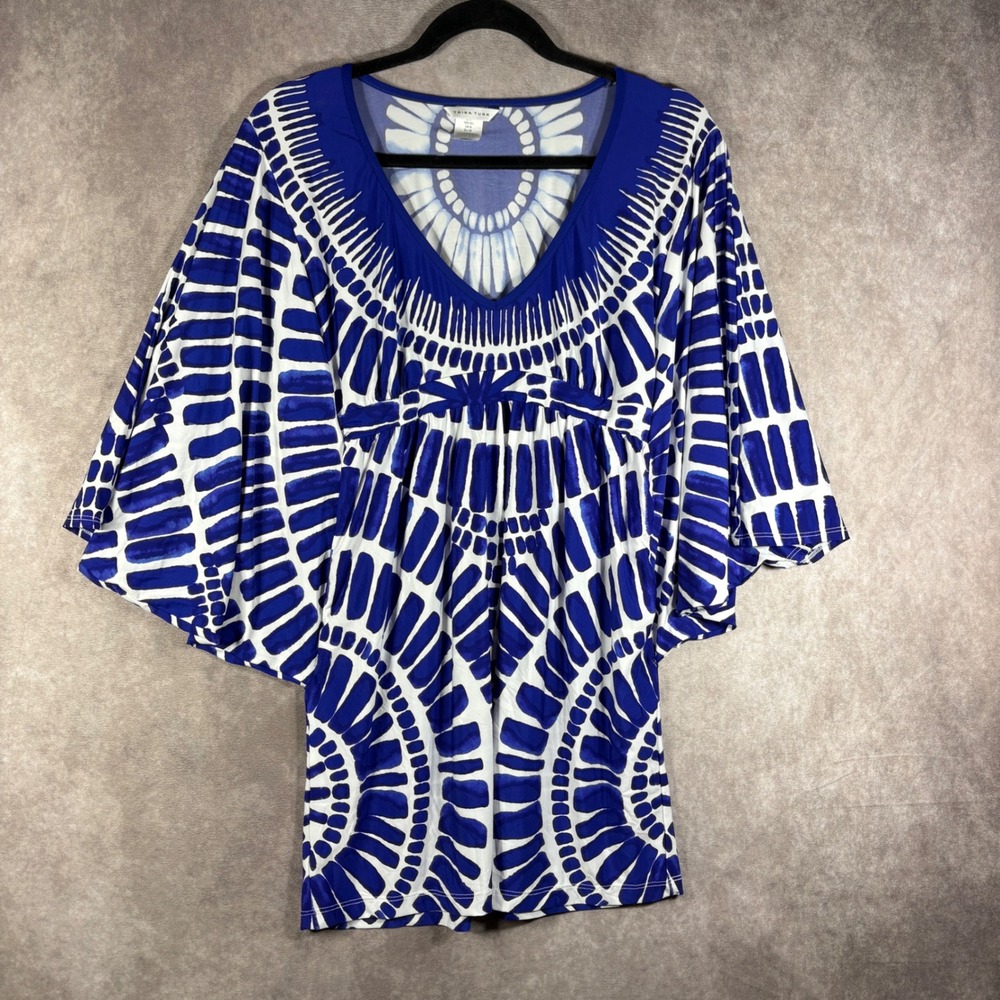 Trina Turk Swim Cover 4 Blue White Geometric Kimono Sleeve V-Neck Resort Beach
